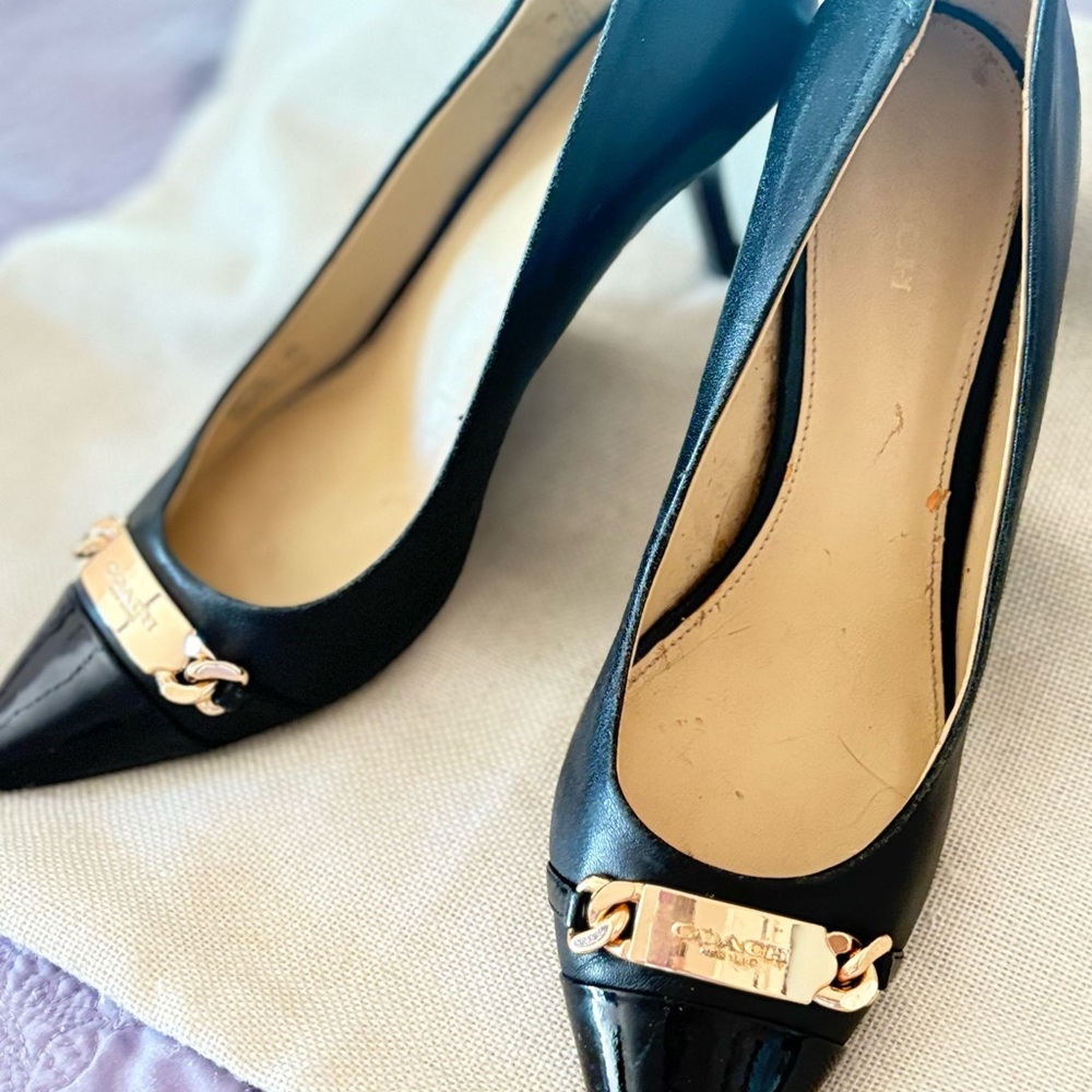 Coach Black Leather Heels with Gold Accent - Picture 10 of 10